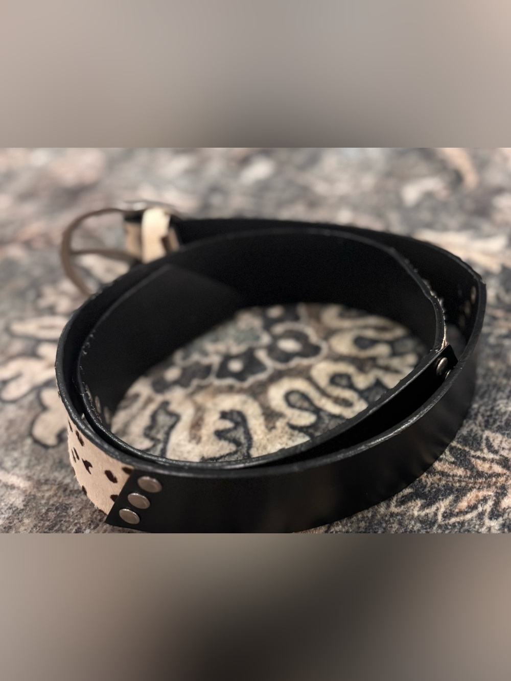 Cow Print Hair-On-Hide Leather Belt Western Boho Oval Buckle Medium - Picture 4 of 4